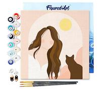 Figured'Art Mini Pintar por Números 20x20cm con marco para Adultos Mujer y su gato - Manualidades con pintura acrílica - Kit Cuadro DIY completo