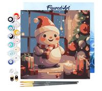 Figured'Art Mini Pintar por Números 20x20cm con marco para Adultos Muñeco de Nieve Feliz en la Habitación - Manualidades con pintura acrílica - Kit Cuadro DIY completo