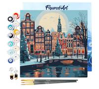 Figured'Art Mini Pintar por Números 20x20cm con marco para Adultos Navidad en Ámsterdam - Manualidades con pintura acrílica - Kit Cuadro DIY completo