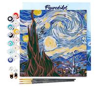 Figured'Art Mini Pintar por Números 20x20cm con marco para Adultos Noche estrellada de Van Gogh - Manualidades con pintura acrílica - Kit Cuadro DIY completo