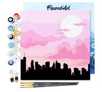 Figured'Art Mini Pintar por Números 20x20cm con marco para Adultos Nueva York bajo un cielo rosa - Manualidades con pintura acrílica - Kit Cuadro DIY completo