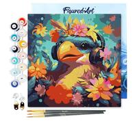Figured'Art Mini Pintar por Números 20x20cm con marco para Adultos Pájaro de fantasía y flores - Manualidades con pintura acrílica - Kit Cuadro DIY completo