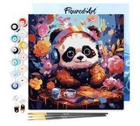Figured'Art Mini Pintar por Números 20x20cm con marco para Adultos Panda de fantasía y flores - Manualidades con pintura acrílica - Kit Cuadro DIY completo