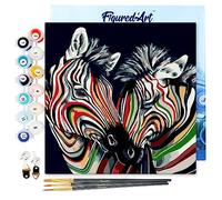 Figured'Art Mini Pintar por Números 20x20cm con marco para Adultos Pareja de cebras coloridas - Manualidades con pintura acrílica - Kit Cuadro DIY completo