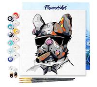 Figured'Art Mini Pintar por Números 20x20cm con marco para Adultos Perro con cigarro - Manualidades con pintura acrílica - Kit Cuadro DIY completo