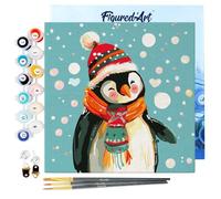Figured'Art Mini Pintar por Números 20x20cm con marco para Adultos Pingüino feliz - Manualidades con pintura acrílica - Kit Cuadro DIY completo