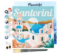 Figured'Art Mini Pintar por Números 20x20cm con marco para Adultos Póster de Viaje Amanecer en Santorini - Manualidades con pintura acrílica - Kit Cuadro DIY completo