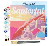 Figured'Art Mini Pintar por Números 20x20cm con marco para Adultos Póster de Viaje Atardecer en Santorini - Manualidades con pintura acrílica - Kit Cuadro DIY completo