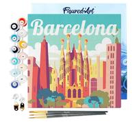 Figured'Art Mini Pintar por Números 20x20cm con marco para Adultos Póster de Viaje Barcelona - Manualidades con pintura acrílica - Kit Cuadro DIY completo