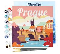 Figured'Art Mini Pintar por Números 20x20cm con marco para Adultos Póster de Viaje Praga - Manualidades con pintura acrílica - Kit Cuadro DIY completo