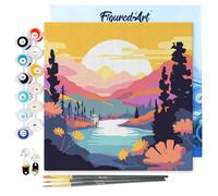 Figured'Art Mini Pintar por Números 20x20cm con marco para Adultos Puesta de Sol Colorida junto al Lago - Manualidades con pintura acrílica - Kit Cuadro DIY completo