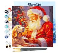 Figured'Art Mini Pintar por Números 20x20cm con marco para Adultos Santa y el Perro - Manualidades con pintura acrílica - Kit Cuadro DIY completo