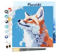 Figured'Art Mini Pintar por Números 20x20cm con marco para Adultos Zorro con cielo azul - Manualidades con pintura acrílica - Kit Cuadro DIY completo