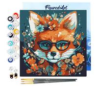 Figured'Art Mini Pintar por Números 20x20cm con marco para Adultos Zorro Fantasía con Flores - Manualidades con pintura acrílica - Kit Cuadro DIY completo