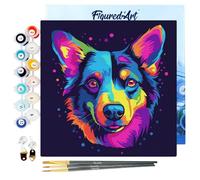 Figured'Art Mini pintura por número adulto 20 x 20 cm con marco para perro abstracto pop art neón - Pequeño formato kit de ocio creativo DIY número de arte completo