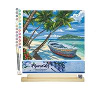 Figured'Art Pintar por Numeros Adultos Barco Y Palmera En Una Playa - Manualidades pintura acrilica Kit Cuadro DIY completo - 40x50cm monta tu propio bastidor