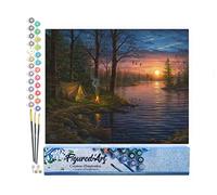 Figured'Art Pintar por Numeros Adultos Camping en el borde del lago - Manualidades pintura acrilica Kit Cuadro DIY completo - 40x50cm sin bastidor