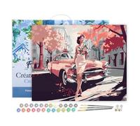 Figured'Art Pintar por Numeros Adultos con marco Dama y Auto Clásico Rosa - Manualidades pintura acrilica Kit Cuadro DIY completo - 40x50cm con bastidor montado