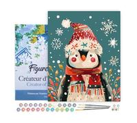 Figured'Art Pintar por Numeros Adultos con marco Pingüino navideño - Manualidades pintura acrilica Kit Cuadro DIY completo - 40x50cm con bastidor montado