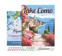 Figured'Art Pintar por Numeros Adultos con marco Póster de Viaje Lago Como en Flor - Manualidades pintura acrilica Kit Cuadro DIY completo - 40x50cm con bastidor montado