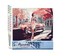 Figured'Art Pintar por Numeros Adultos Dama y Auto Clásico Rosa - Manualidades pintura acrilica Kit Cuadro DIY completo - 40x50cm sin bastidor