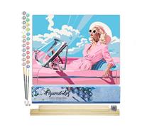 Figured'Art Pintar por Numeros Adultos Diva en un Auto Retro Rosa - Manualidades pintura acrilica Kit Cuadro DIY completo - 40x50cm monta tu propio bastidor