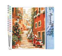 Figured'Art Pintar por Numeros Adultos Escena navideña en la escalera - Manualidades pintura acrilica Kit Cuadro DIY completo - 40x50cm sin bastidor