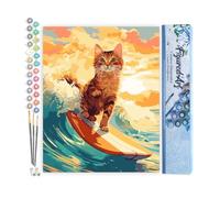 Figured'Art Pintar por Numeros Adultos Gato surfista - Manualidades pintura acrilica Kit Cuadro DIY completo - 40x50cm sin bastidor