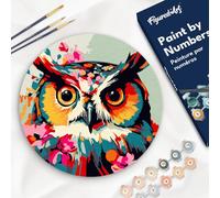 Figured'Art Pintar por Números para Adultos en Disco de Madera de 30 cm - Búho Fantasía con Flores - Manualidades con Pintura Acrílica - Kit Cuadro DIY Completo