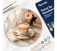 Figured'Art Pintar por Números para Adultos en Disco de Madera de 30 cm - Café de la mañana - Manualidades con Pintura Acrílica - Kit Cuadro DIY Completo