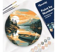 Figured'Art Pintar por Números para Adultos en Disco de Madera de 30 cm - Canoa en lago de montaña - Manualidades con Pintura Acrílica - Kit Cuadro DIY Completo