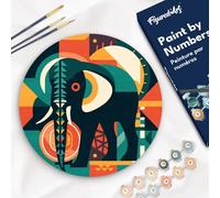 Figured'Art Pintar por Números para Adultos en Disco de Madera de 30 cm - Elefante Art-Deco Abstracto - Manualidades con Pintura Acrílica - Kit Cuadro DIY Completo
