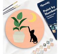 Figured'Art Pintar por Números para Adultos en Disco de Madera de 30 cm - Gatito y planta con luna - Manualidades con Pintura Acrílica - Kit Cuadro DIY Completo