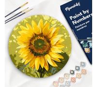 Figured'Art Pintar por Números para Adultos en Disco de Madera de 30 cm - Girasol - Manualidades con Pintura Acrílica - Kit Cuadro DIY Completo