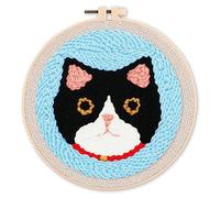 Figured'Art Punch Needle Kit de Bordado Adultos y Niños - Cabeza de Gato - Manualidades Kit de Aguja Mágica DIY completo - 20x20cm con bastidor circular