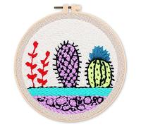 Figured'Art Punch Needle Kit de Bordado Adultos y Niños - Cactus coloridos con una pared blanca - Manualidades Kit de Aguja Mágica DIY completo - 20x20cm con bastidor circular