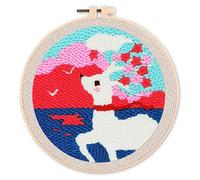 Figured'Art Punch Needle Kit de Bordado Adultos y Niños - Cierva blanca y sakura - Manualidades Kit de Aguja Mágica DIY completo - 20x20cm con bastidor circular