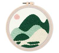 Figured'Art Punch Needle Kit de Bordado Adultos y Niños - Montañas verdes - Manualidades Kit de Aguja Mágica DIY completo - 20x20cm con bastidor circular