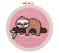 Figured'Art Punch Needle Kit de Bordado Adultos y Niños - Perezoso en una rama - Manualidades Kit de Aguja Mágica DIY completo - 20x20cm con bastidor circular