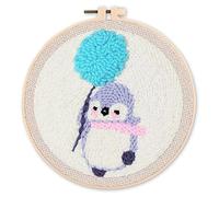 Figured'Art Punch Needle Kit de Bordado Adultos y Niños - Pingüino con un diente de león - Manualidades Kit de Aguja Mágica DIY completo - 20x20cm con bastidor circular