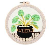 Figured'Art Punch Needle Kit de Bordado Adultos y Niños - Planta en maceta negra - Manualidades Kit de Aguja Mágica DIY completo - 20x20cm con bastidor circular
