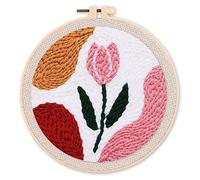 Figured'Art Punch Needle Kit de Bordado Adultos y Niños - Tulipán rosa - Manualidades Kit de Aguja Mágica DIY completo - 20x20cm con bastidor circular