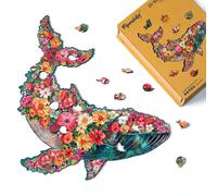 Figured'Art Puzzle de Madera para Adultos y Niños, Rompecabezas de 200 Piezas Animales - Ballena Floral - Diseño Original 31,9x32 cm, Caja de Madera Premium, Regalar
