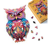Figured'Art Puzzle de Madera para Adultos y Niños, Rompecabezas de 200 Piezas Animales - Búho Radiante - Diseño Original 20,3x32 cm, Caja de Madera Premium, Regalar