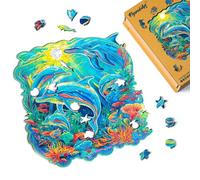 Figured'Art Puzzle de Madera para Adultos y Niños, Rompecabezas de 200 Piezas Animales - Delfines en el Arrecife de Coral - Diseño Original 28x28,5 cm, Caja de Madera Premium, Regalar