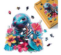 Figured'Art Puzzle de Madera para Adultos y Niños, Rompecabezas de 200 Piezas Animales - Foca y Flores - Diseño Original 26,5x28,5 cm, Caja de Madera Premium, Regalar