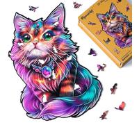Figured'Art Puzzle de Madera para Adultos y Niños, Rompecabezas de 200 Piezas Animales - Gato Colorido con Gema - Diseño Original 25,2x39 cm, Caja de Madera Premium, Regalar