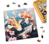 Figured'Art Puzzle de Madera para Adultos y Niños, Rompecabezas de 200 Piezas Animales - Peces Koi y Flores - Diseño Original 28,5x28,5 cm, Caja de Madera Premium, Regalar
