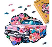 Figured'Art Puzzle de Madera para Adultos y Niños, Rompecabezas de 200 Piezas - Coche Floral Vintage - Diseño Original 35x27,7 cm, Caja de Madera Premium, Regalar
