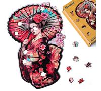 Figured'Art Puzzle de Madera para Adultos y Niños, Rompecabezas de 200 Piezas - Geisha con Paraguas - Diseño Original 26x39,5 cm, Caja de Madera Premium, Regalar